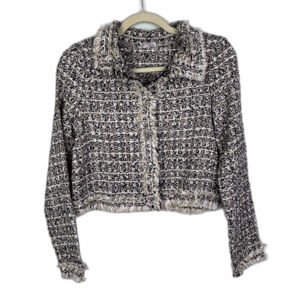 Free People Tweed Fringe Blazer Lady Jacket Cream Black Cropped Button Up S